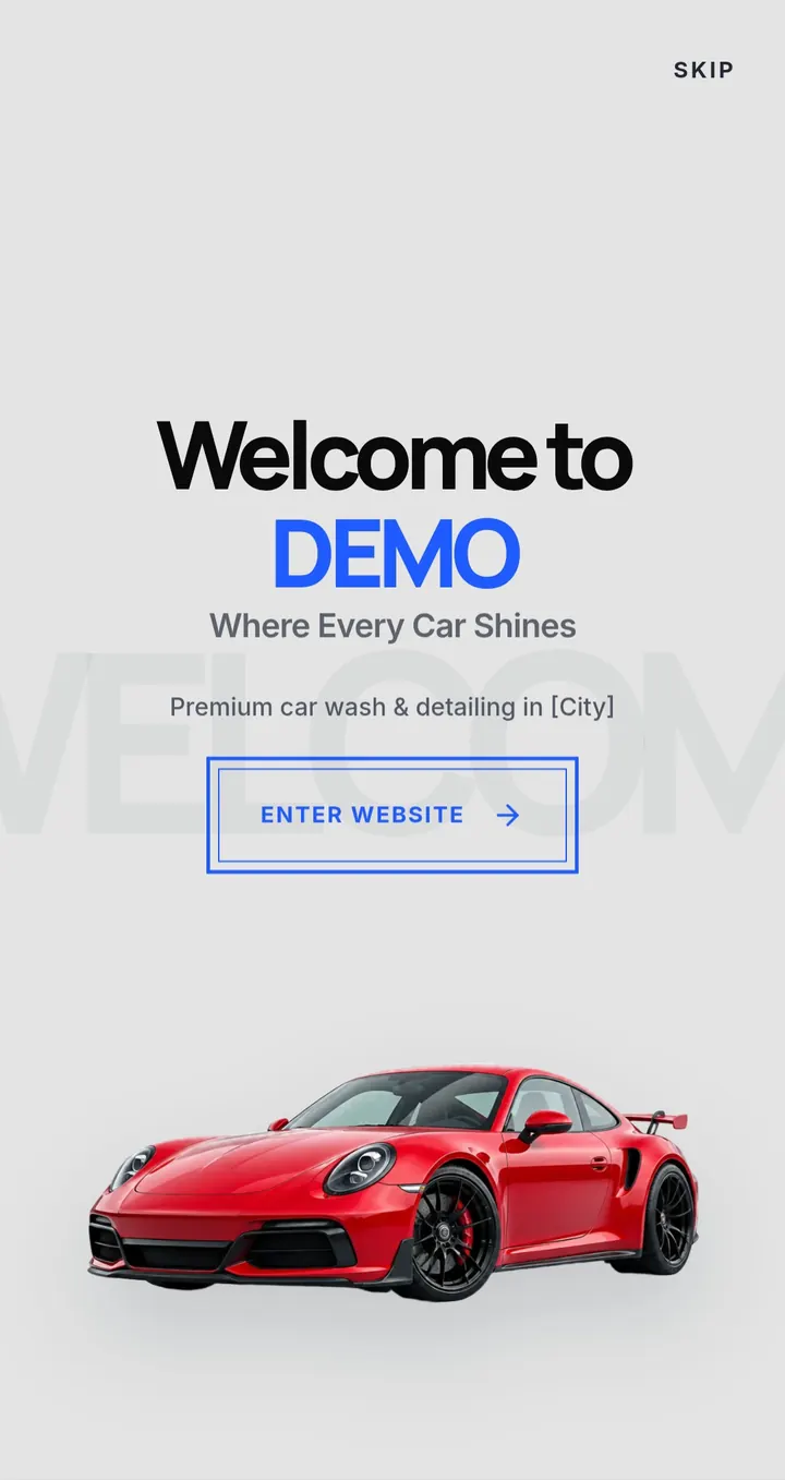Car detailing welcome screen with a red sports car.