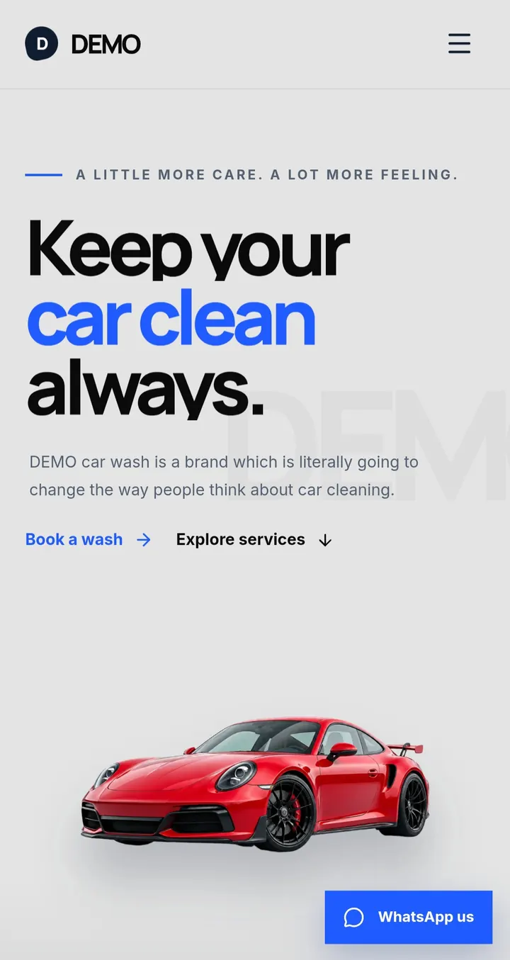 Car wash homepage with service booking actions.