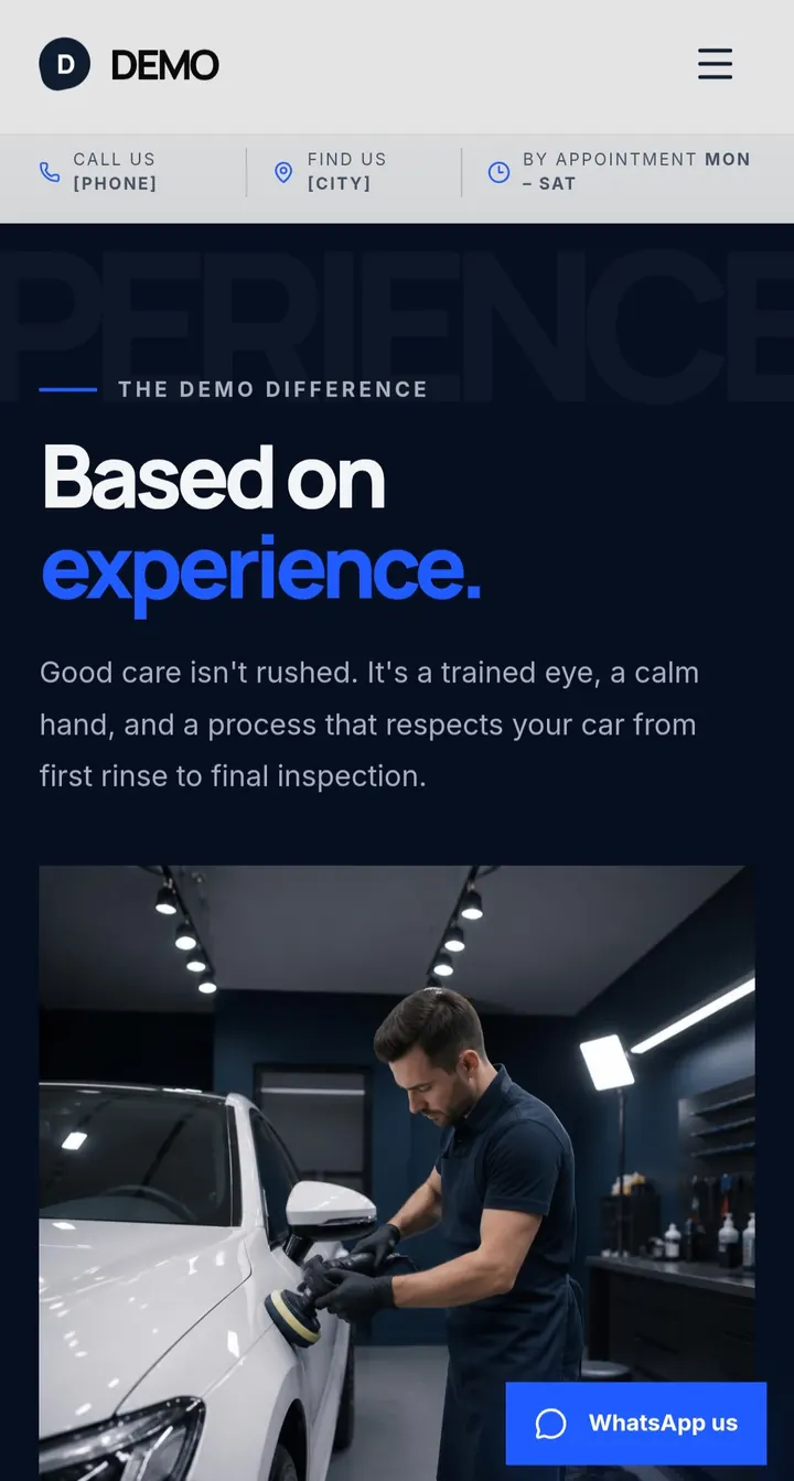 Car detailing experience and featured work.
