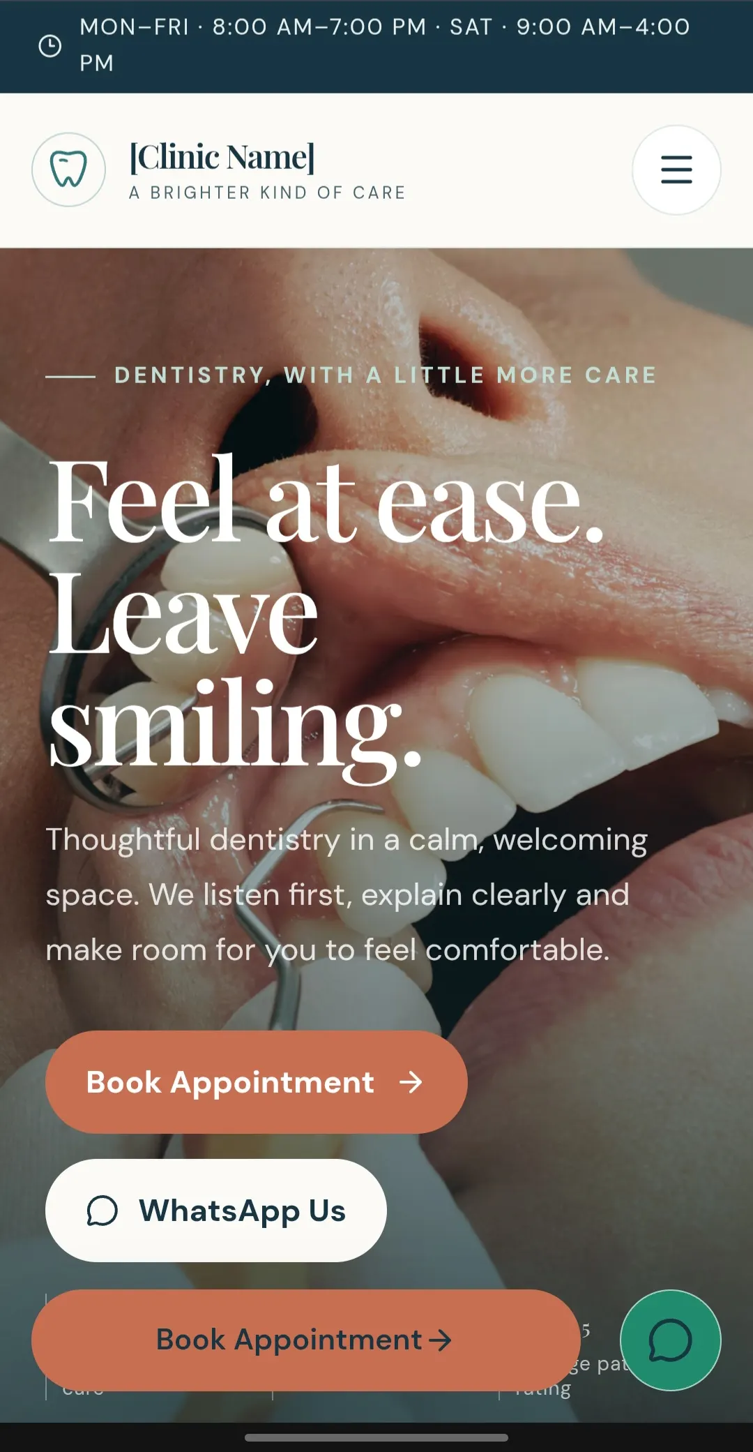 Dental clinic homepage hero with appointment and WhatsApp actions.