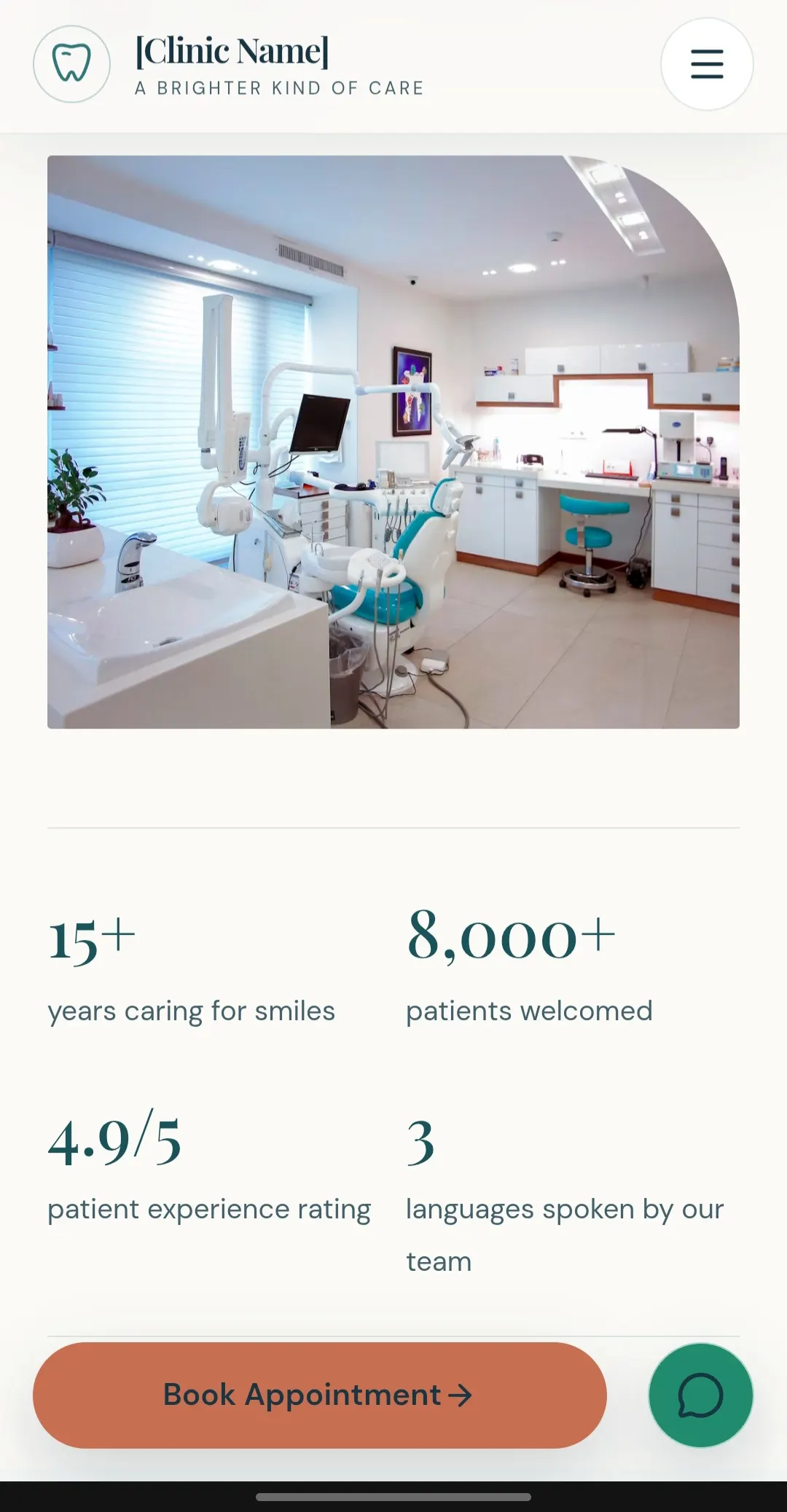 Bright dental treatment room followed by patient and service statistics.