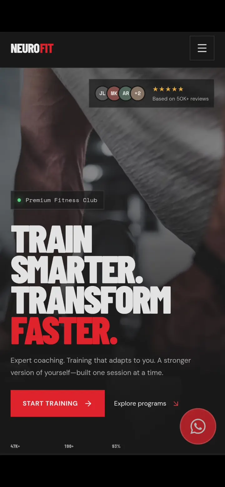NeuroFit fitness club homepage and training call to action.