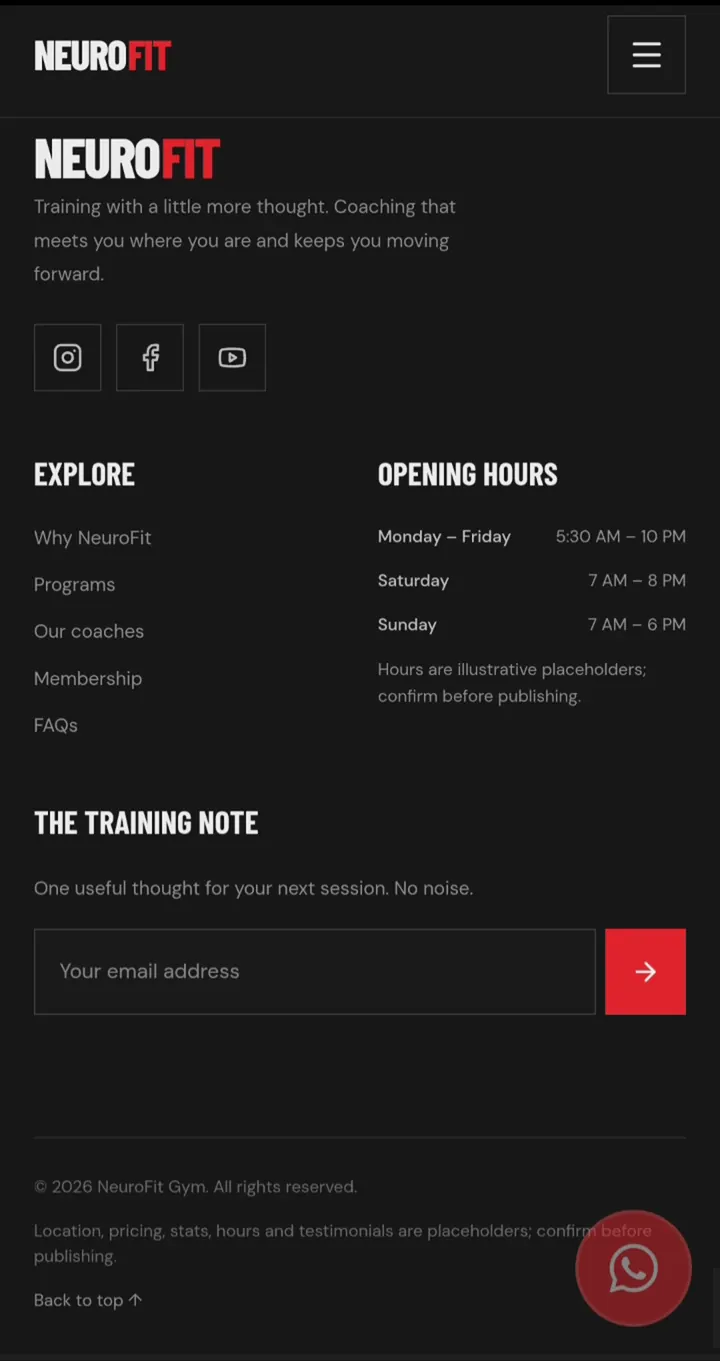 NeuroFit contact information and footer.