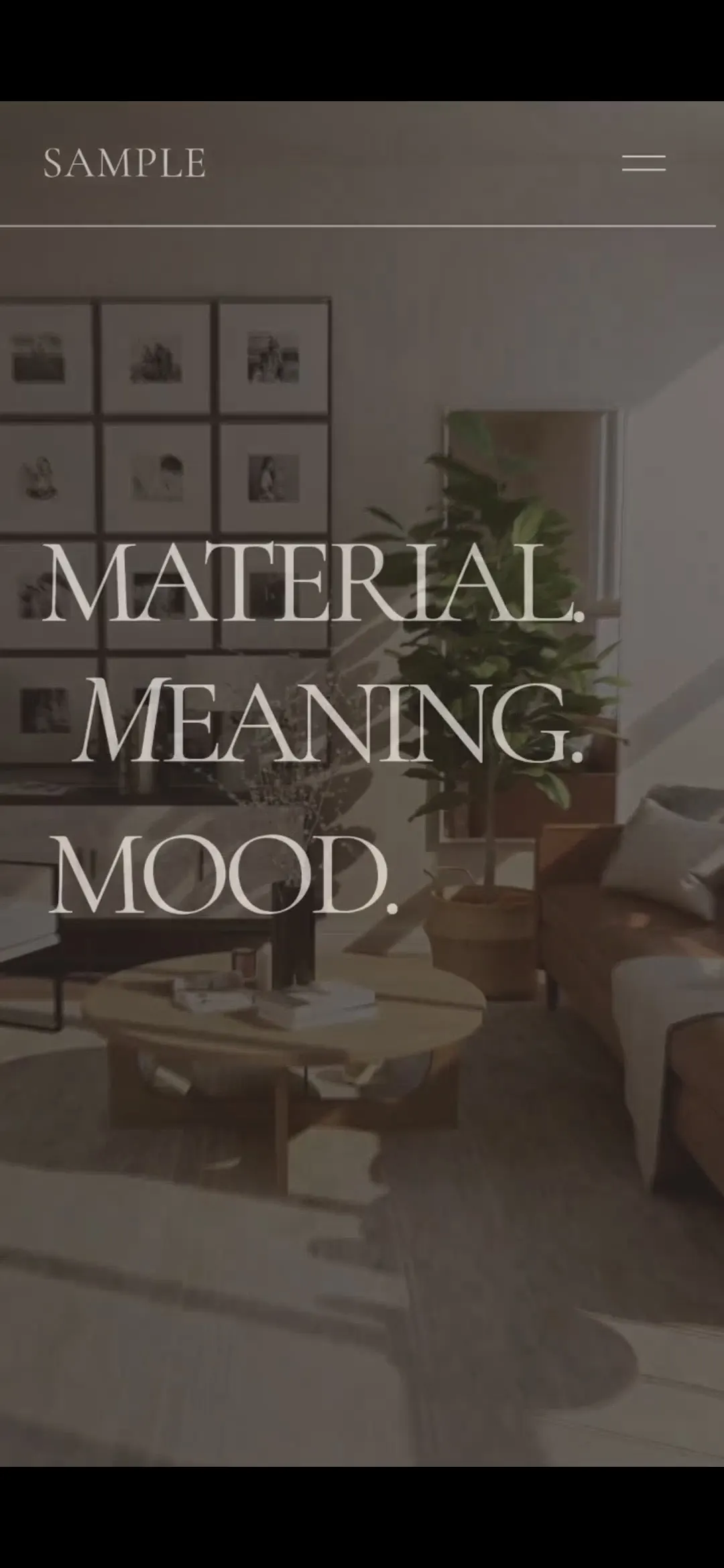 Interior design studio homepage with a material and mood introduction.