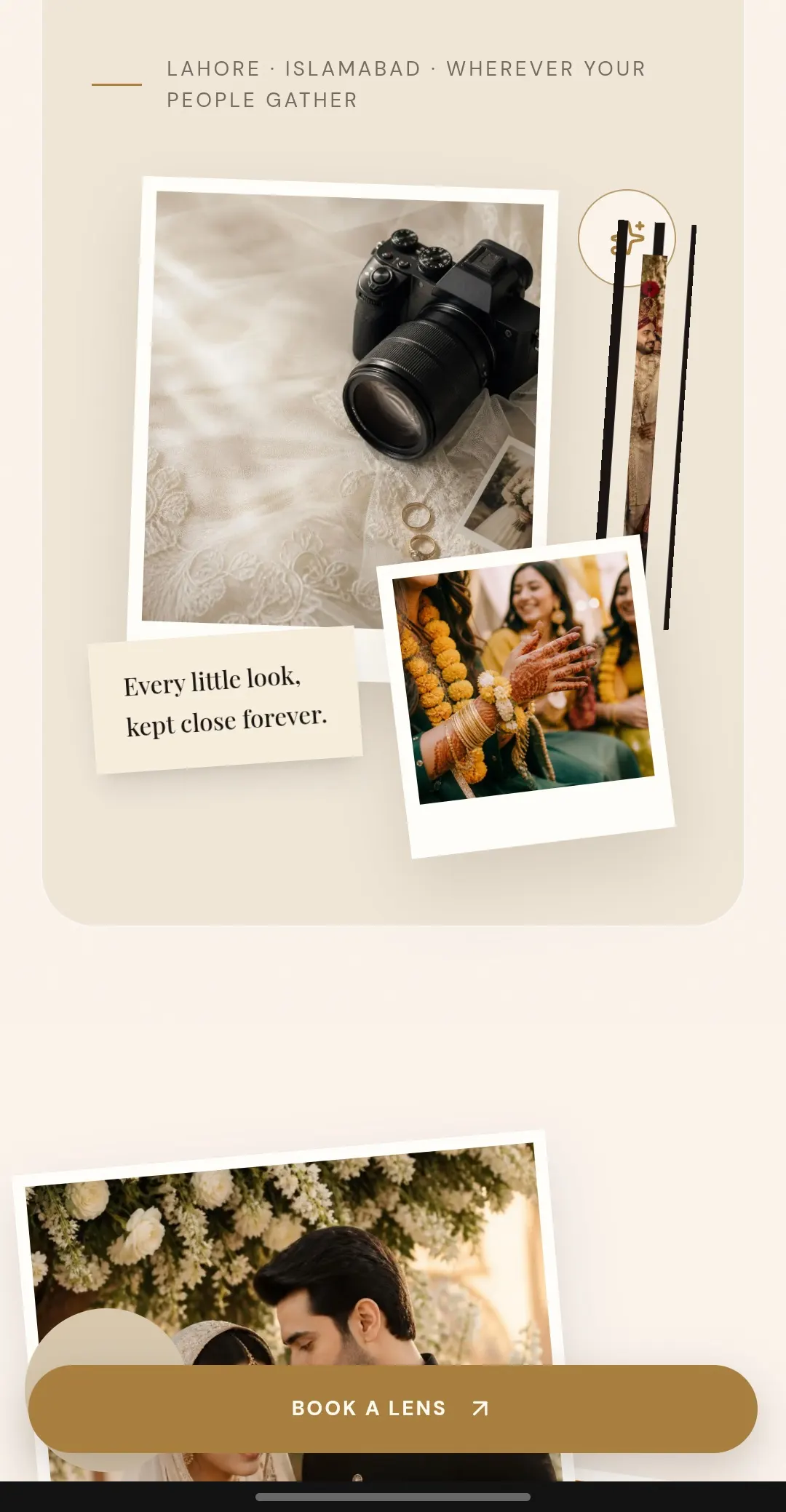 Wedding photography homepage with a camera and keepsake photographs.