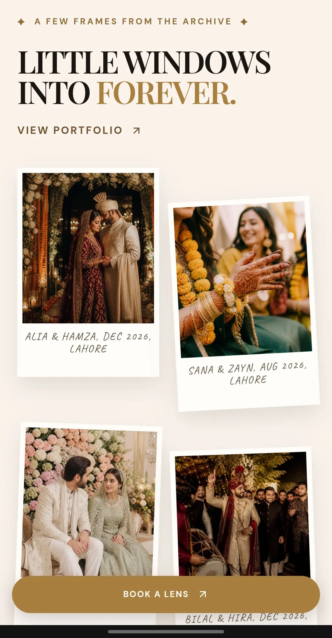 Wedding portfolio archive with editorial photo cards.